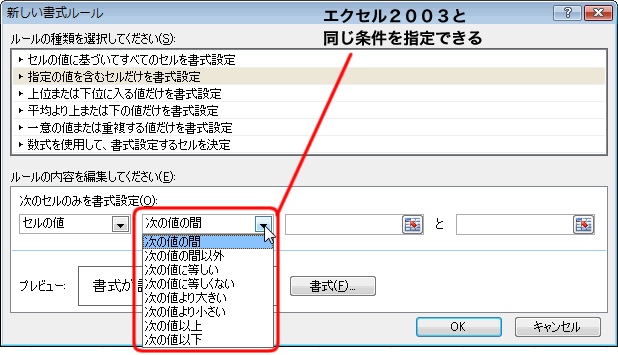 エクセル 2007 条件付き書式 指定の値を条件にする リボン2