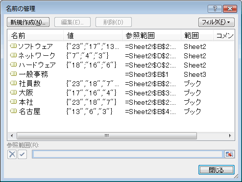 エクセル 2007 登録した名前の確認